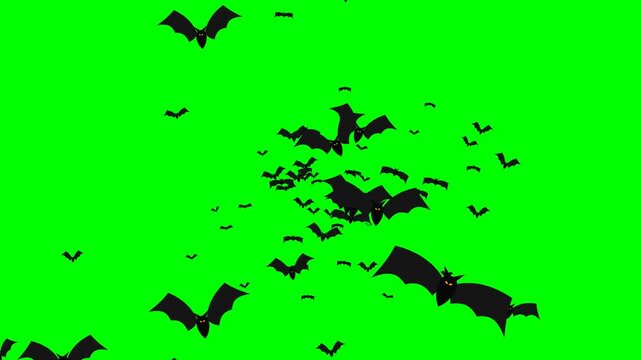 Motion graphic of numerous Halloween bats flying continuously towards the camera from a central vanishing point with smooth bouncing flight and flapping animation.