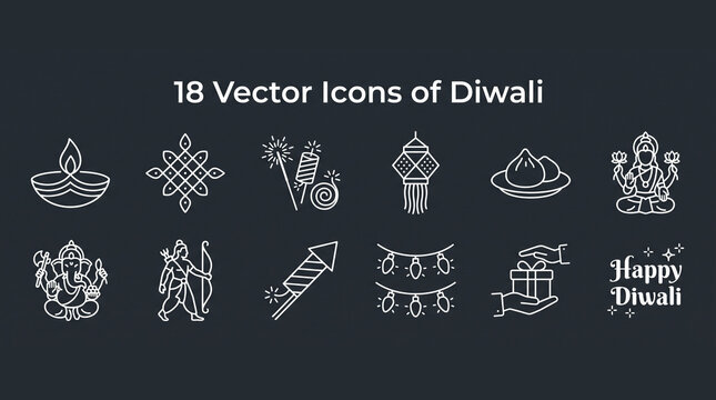 Minimalist white line art icons for Diwali festival on dark grey background.