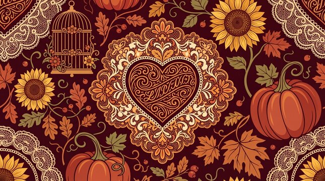 Ornate vintage autumn pattern with pumpkins sunflowers and decorative heart scrollwork.