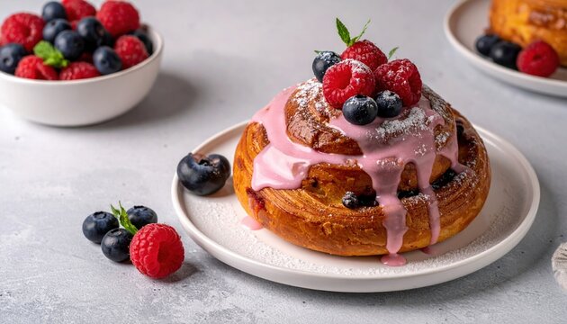 Sweet berry danish pastry with blueberries, raspberries and icing served as delicious bakery dessert