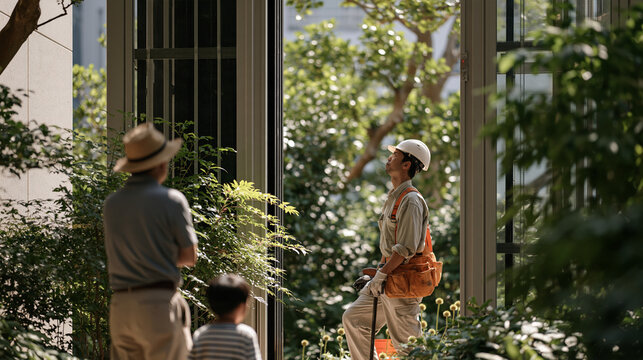 An elevator maintenance technician rushing to meet a repair deadline in a lush outdoor setting, a customer waiting nearby as a child looks upward at the open shaft panel in a