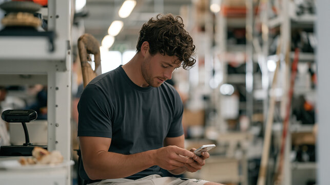 Hurling player scanning spa therapy product barcodes systematically inside a busy urban GAA equipment warehouse, a half eaten lunch sitting on a nearby shelf beside a scanner