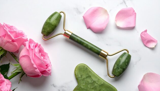 Natural green jade facial roller and smooth gua sha massage stone beside delicate pink rose petals on elegant white marble table