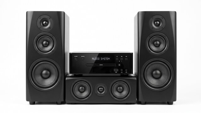 Sleek black stereo sound system with two tall speakers and a center unit on white background