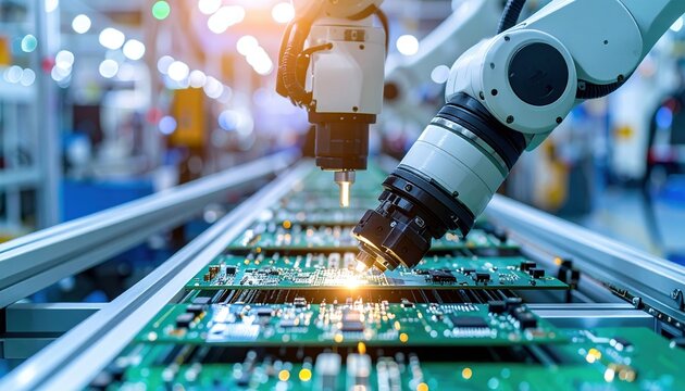 Robotic arm with vision lenses inspecting printed circuit boards moving along conveyor belt in electronics factory
