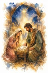 Obraz premium Watercolor Nativity scene with Mary, Joseph, baby Jesus, and star