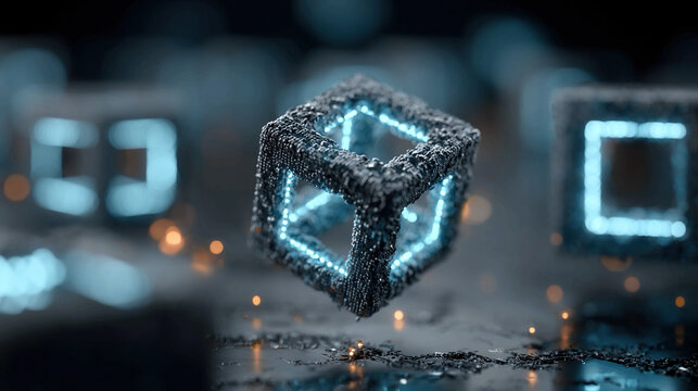 Futuristic blockchain device with hovering neon ledger holograms secure digital transaction visualization next-gen IT infrastructure concept