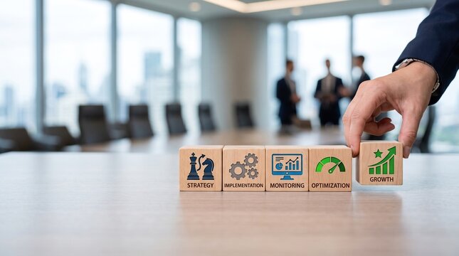 Strategic growth cycle concept with wooden blocks showing strategy, implementation, monitoring, optimization and business growth