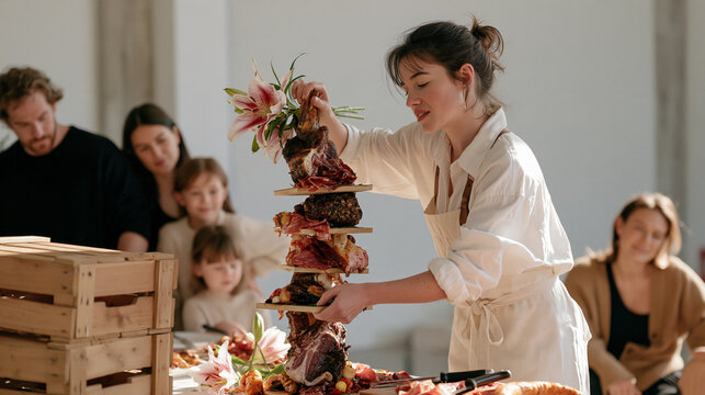 Charcuterie specialist balancing a precarious tower of cured meat boards for an Easter lily church display catering setup, a stack of wooden crates ready to move stacked beside