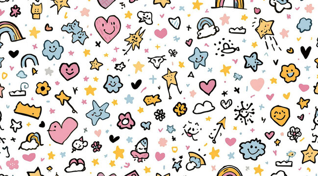 Playful Hand Drawn Doodle Seamless Pattern with Smiling Stars Hearts and Rainbows