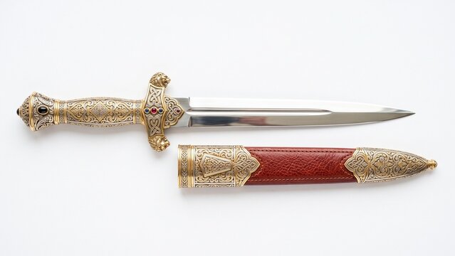 Ornate medieval dagger featuring intricate gold engravings and red leather scabbard displayed on white background
