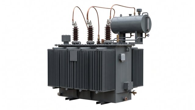 Industrial electrical power transformer showing metallic cooling fins and copper wiring connections on white background