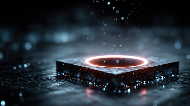 Futuristic blockchain device with hovering neon ledger holograms secure digital transaction visualization next-gen IT infrastructure concept