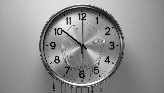 Melting silver analog wall clock transforming into falling liquid droplets representing time passage