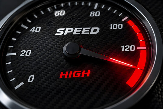 Speedometer gauge showing high performance with glowing red needle reaching maximum velocity on a dark carbon fiber texture background providing a cinematic look for modern automotive dashboard design