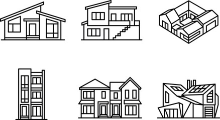 Fototapeta premium Black and white architectural illustration set featuring modern single-story house, two-story staircase home, complex building layout, apartment tower, duplex townhouse
