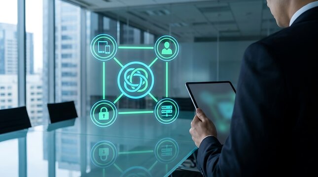 Businessman holding a digital tablet in a modern corporate boardroom, analyzing a decentralized network interface featuring interconnected blockchain nodes, smart contract automation, cloud server dat