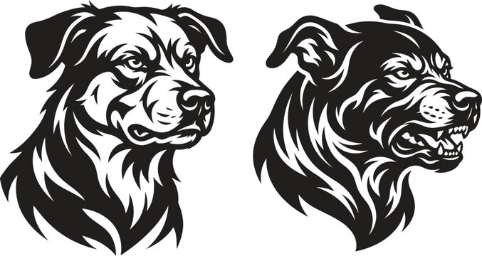 Black and white vector illustration of an angry guard dog head profile,Stylized black and white portrait of a dog head graphic illustration