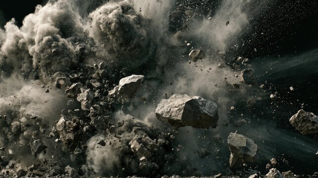 A powerful explosion of gray stones and debris flying through the air with clouds of dust. Perfect for conceptual disaster or action movie visual effects.