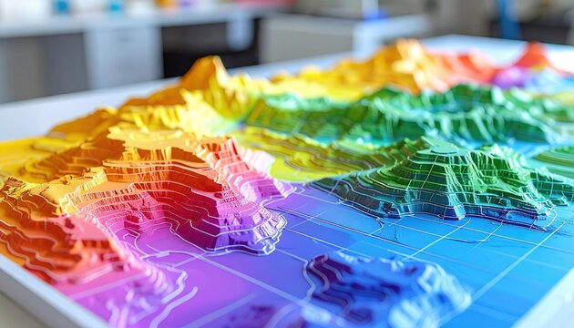 Three-dimensional printed topographical landscape map with rainbow colors and white grid lines on laboratory desk