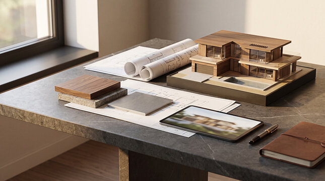 A chitectu al office desk with mode house model a d tech ical bluep i
