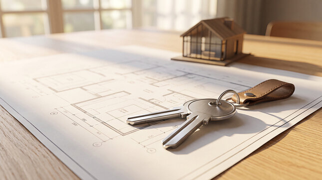 House keys esti g o a chitectu al bluep i ts with a mi iatu e home