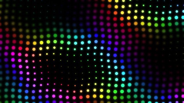 Abstract chromatic dot matrix wave pattern with glowing neon circles on a black background