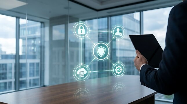 Businessman holding digital tablet with futuristic cybersecurity network shield hologram in modern office, featuring cloud storage defense, padlock data encryption, user profile verification, and sett
