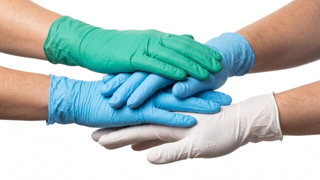 Multiple hands wearing colorful medical latex gloves stacked together in unity concept on white background