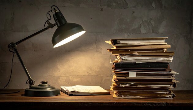 Vintage desk lamp illuminating a large stack of classified confidential files and folders