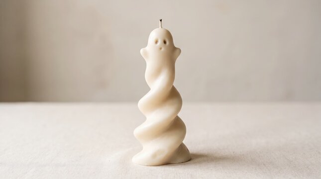 Unlit spiral shaped white ghost candle with a cute face on a table surface halloween decor decorative candle white wax spooky decor halloween ornament ghost shape sculptural candle