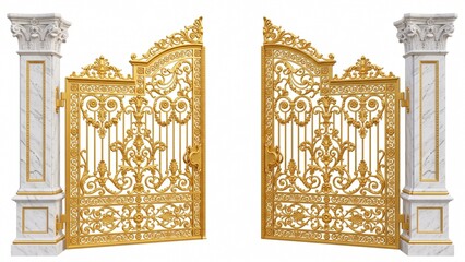 Obraz premium Ornate golden metal gate with intricate scrollwork patterns between majestic white marble pillars on white background
