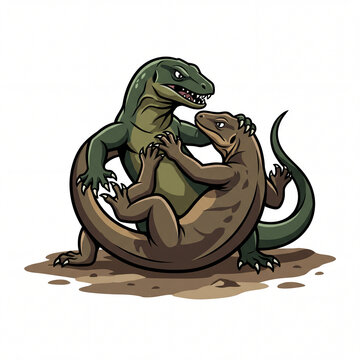 illustration of Two monitor lizards fighting on dirt