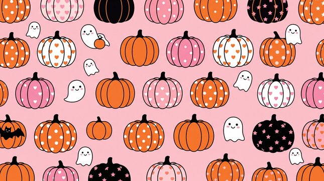 Seamless Halloween pattern with cute ghosts and colorful pumpkins on light pink background.