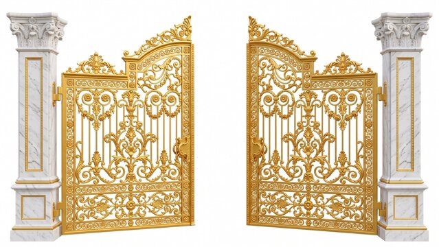 Ornate golden metal gate with intricate scrollwork patterns between majestic white marble pillars on white background