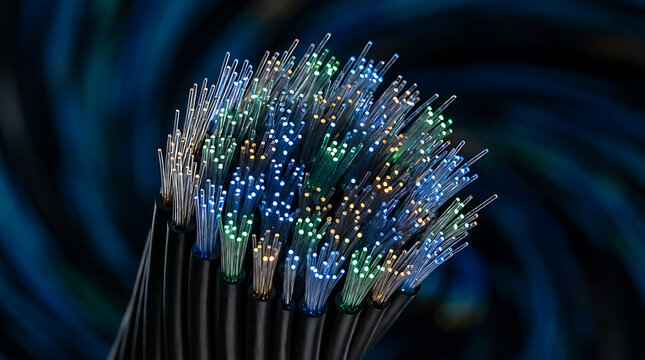 Bundled fiber optic cables with glowing light transmission against a dark background