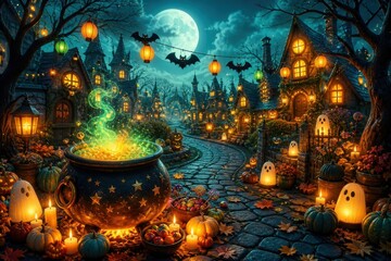 Fototapeta premium Halloween fantasy village with glowing pumpkins and moonlit sky