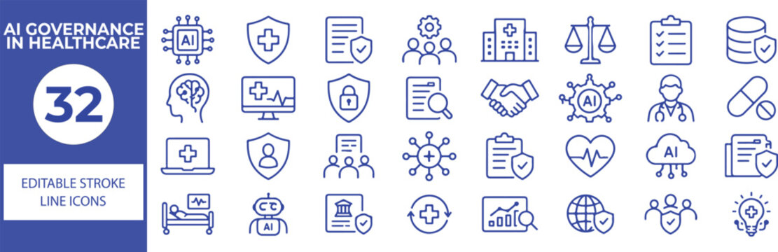32 AI Governance in Healthcare Vector Outline Icons Set,Medical AI, Data Privacy, Compliance, Security and Digital Health Line Symbols Collection