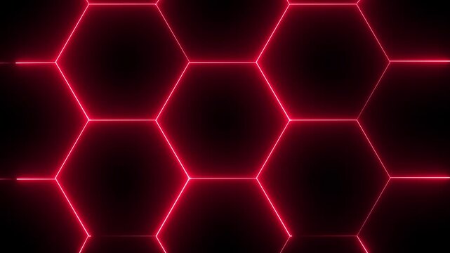 Glowing neon red background featuring an interconnected honeycomb grid of dark hexagonal tiles outlined in vibrant glowing light against a black background. Animated sci-fi HUD backdrop.