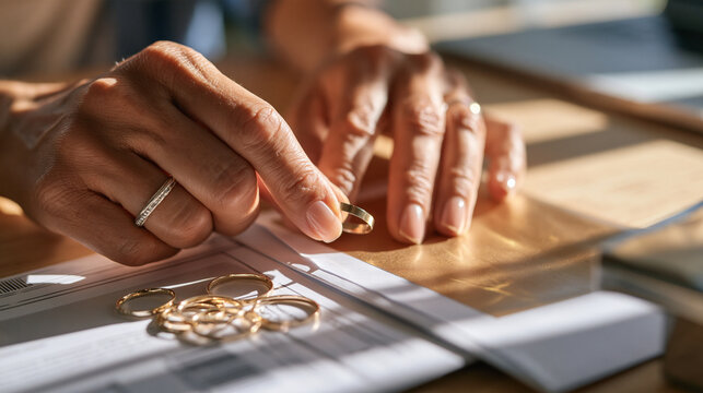 An adult online shopper's hands slide a plain metal sizing ring onto one finger while the remaining sizing loops rest beside an unmarked return mailer. The close top-down view on