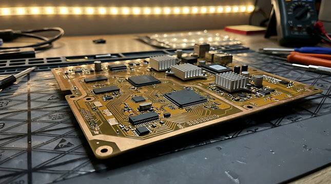 Computer motherboard PCB laid flat on a grey rubber workspace mat