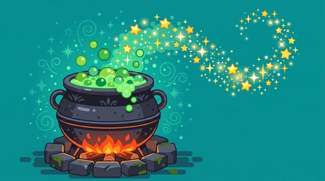 Magic cauldron with glowing green potion, stars, and fire for Halloween fantasy designs