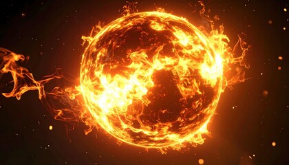 Fototapeta premium Fiery burning sphere emitting intense orange flames and glowing hot sparks in dark space
