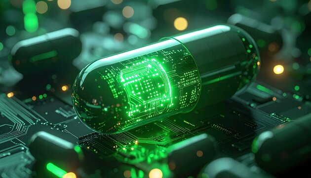 Futuristic medical capsule opening to reveal glowing green electronic microchip representing digital healthcare technology