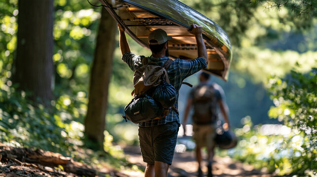 One adult traveler carries a canoe overhead on its yoke while a second adult traveler follows with two compact dry bags along a forest portage trail between lakes. Seen from