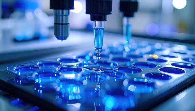 Automated liquid handling system dispensing blue chemical drops into microplate wells