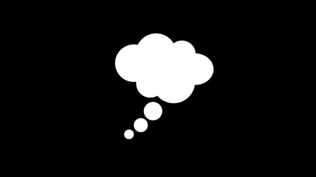 Bright solid white animated thought bubble icon featuring ascending trailing circles against a black background. Pop-up cloud callout animation, AI brainstorming processing indicator, creative idea 