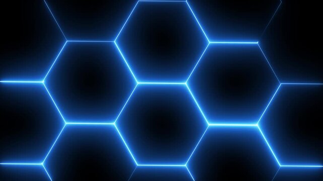 Glowing blue red background featuring an interconnected honeycomb grid of dark hexagonal tiles outlined in vibrant glowing light against a black background. Animated sci-fi HUD backdrop.