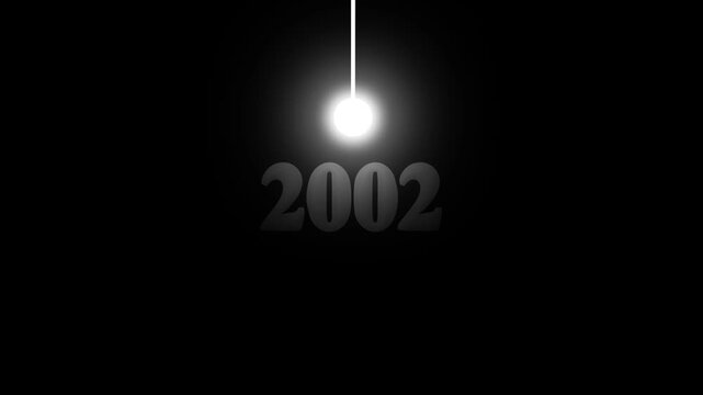 Futuristic Swinging Light Pendulum Revealing Year 2002 Text Overlay Symbolizing New Millennium Time Countdown History Concept on Black Background.