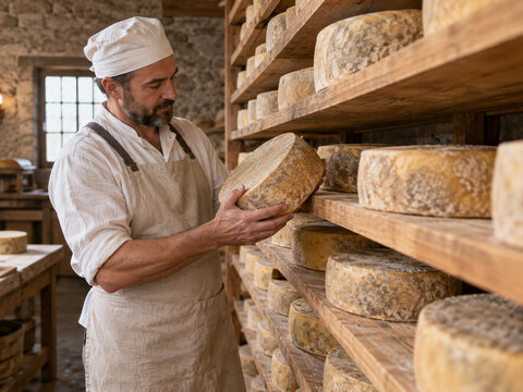 Cheesemaker inspecting aged cheese wheels in artisan cellar